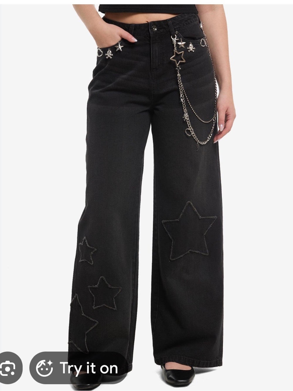 Social Collusion Black Star Patch and Chains Wide leg Jeans Size 7 NWT